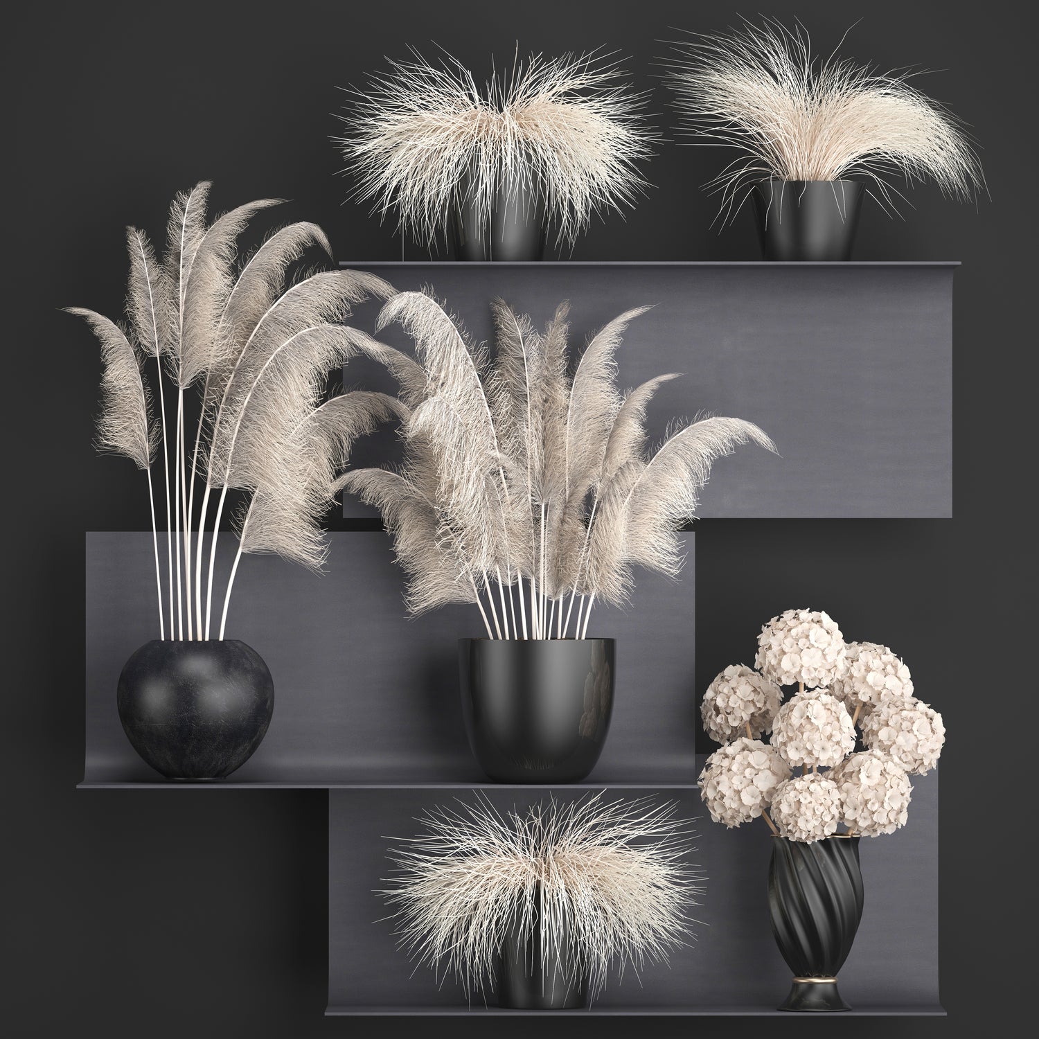 decorative white cream colour dried flowers and grasses in black vases on grey shelves